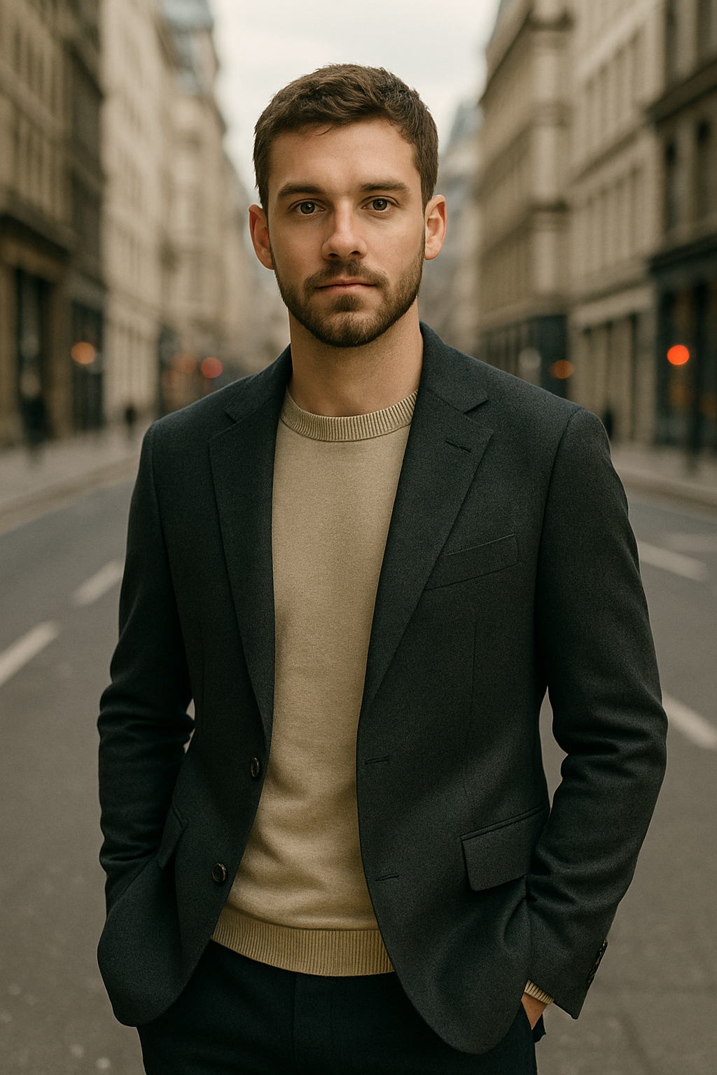 Man wearing a dark blazer over a beige sweater on a city street