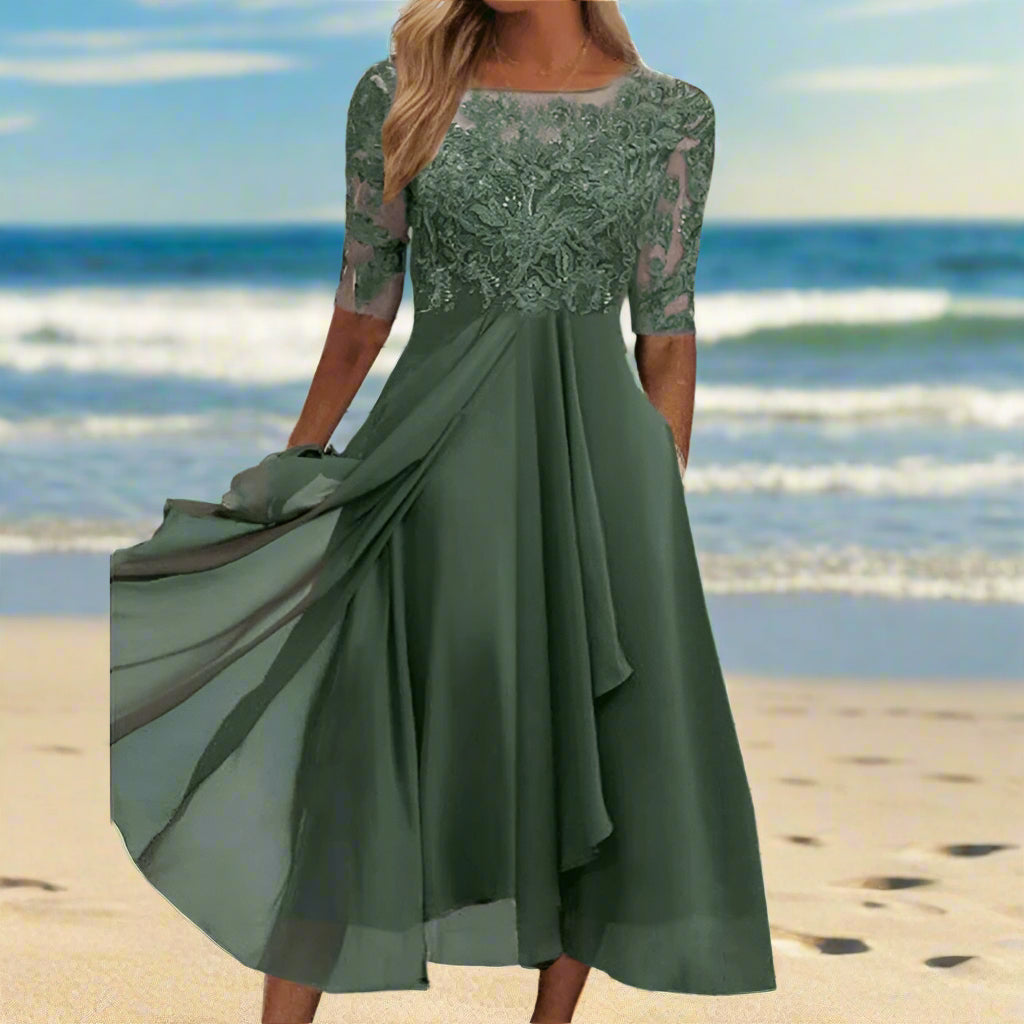 A-Line Chiffon Midi Dress with Floral Lace Bodice | Half Sleeves