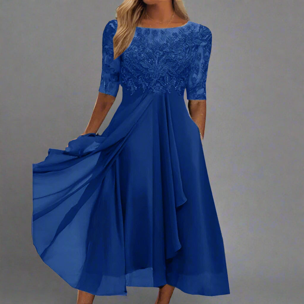 A-Line Chiffon Midi Dress with Floral Lace Bodice | Half Sleeves