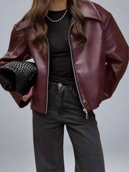 Fiorenza Women's Burgundy Faux Leather Biker Jacket | Fitted