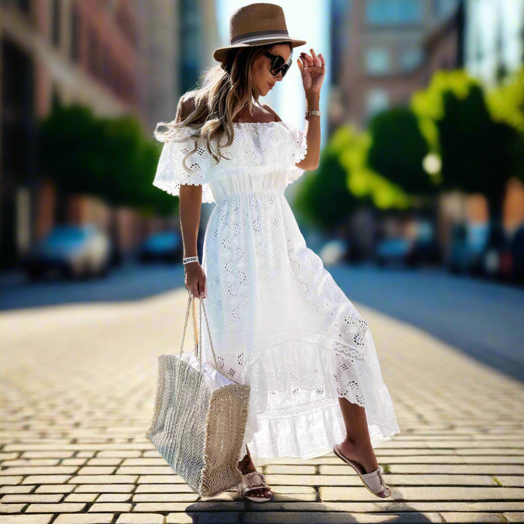 Women's Off-Shoulder Boho Midi Dress | Eyelet Embroidery & Ruffle Trim