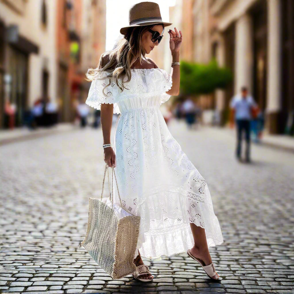 Women's Off-Shoulder Boho Midi Dress | Eyelet Embroidery & Ruffle Trim