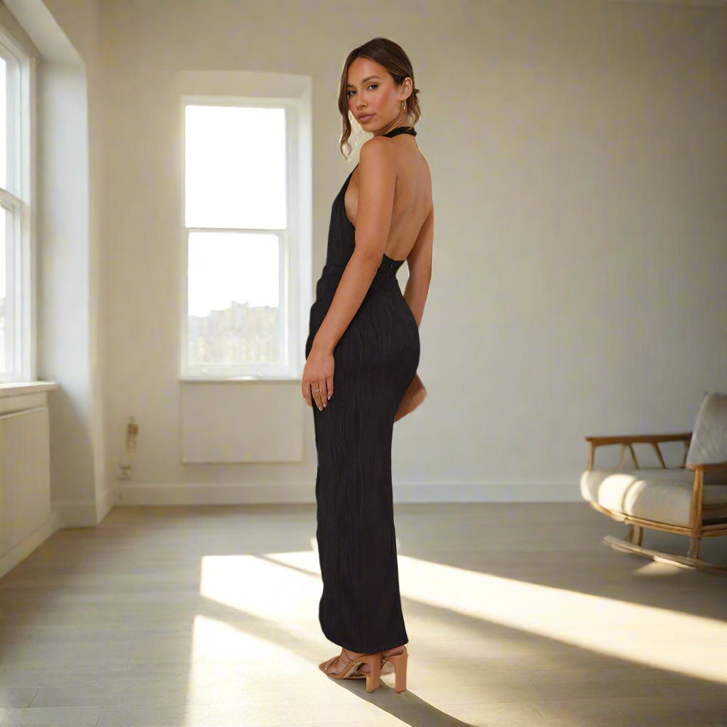 Women's Satin Backless Cocktail Dress | Slim Fit Midi