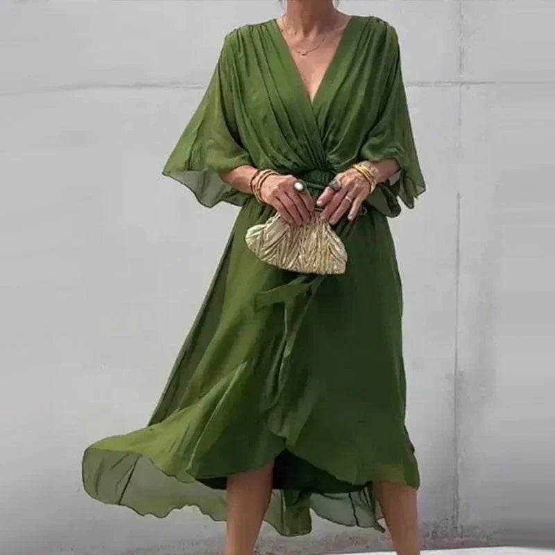 Elegant Chiffon Midi Dress for Women | V-Neck & Adjustable Tie Waist