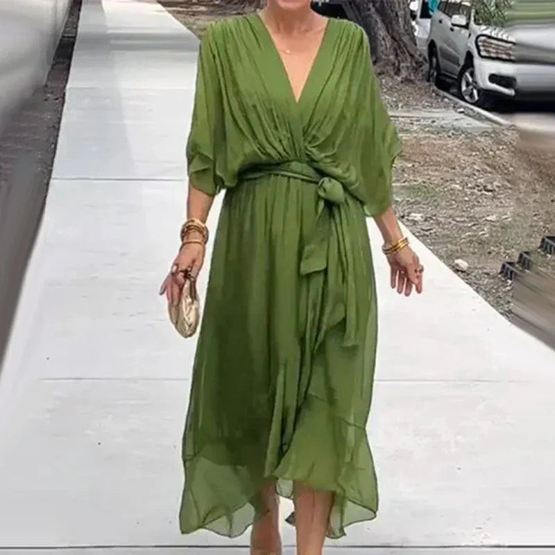 Elegant Chiffon Midi Dress for Women | V-Neck & Adjustable Tie Waist