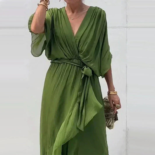 Elegant Chiffon Midi Dress for Women | V-Neck & Adjustable Tie Waist