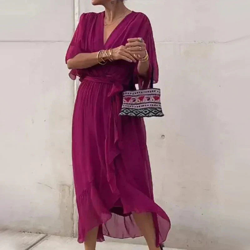 Elegant Chiffon Midi Dress for Women | V-Neck & Adjustable Tie Waist