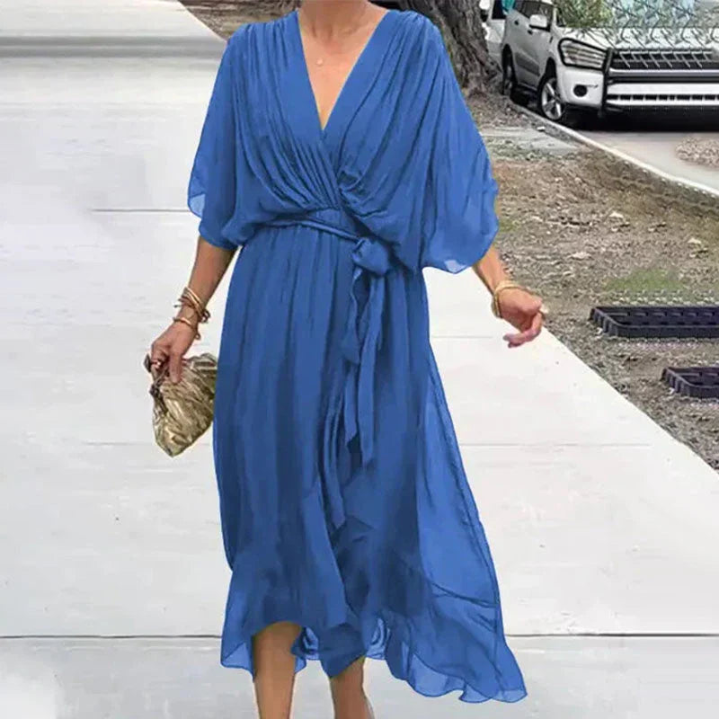 Elegant Chiffon Midi Dress for Women | V-Neck & Adjustable Tie Waist