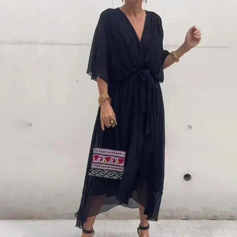 Elegant Chiffon Midi Dress for Women | V-Neck & Adjustable Tie Waist