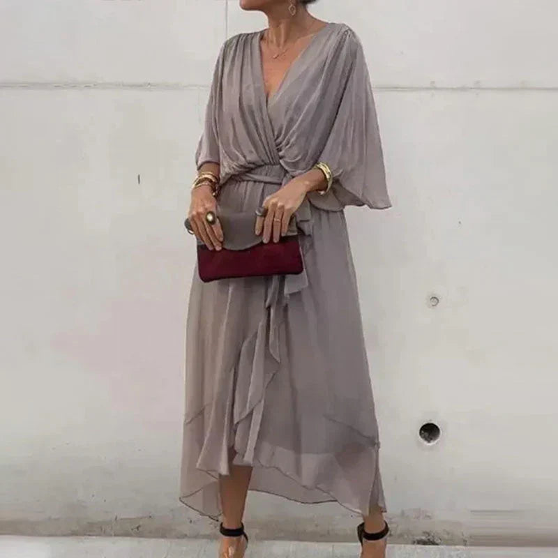 Elegant Chiffon Midi Dress for Women | V-Neck & Adjustable Tie Waist