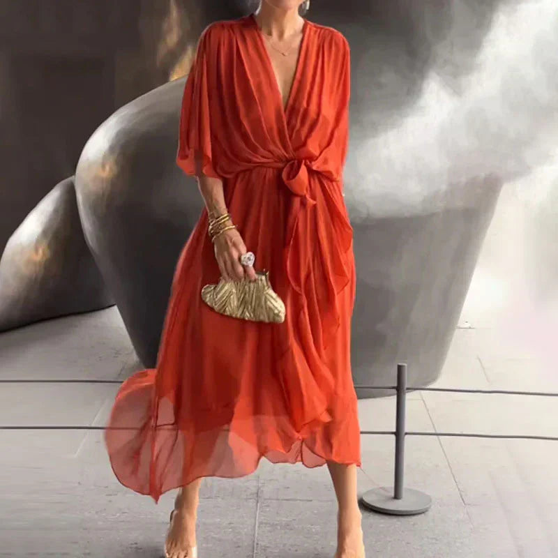 Elegant Chiffon Midi Dress for Women | V-Neck & Adjustable Tie Waist